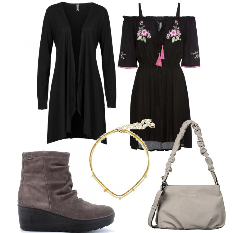 Outfit donna - Total look #1222568. Stile Boho per Tutti i giorni. Abbinamento con cardigans, vestiti, stivaletti, borse a tracolla, collane.