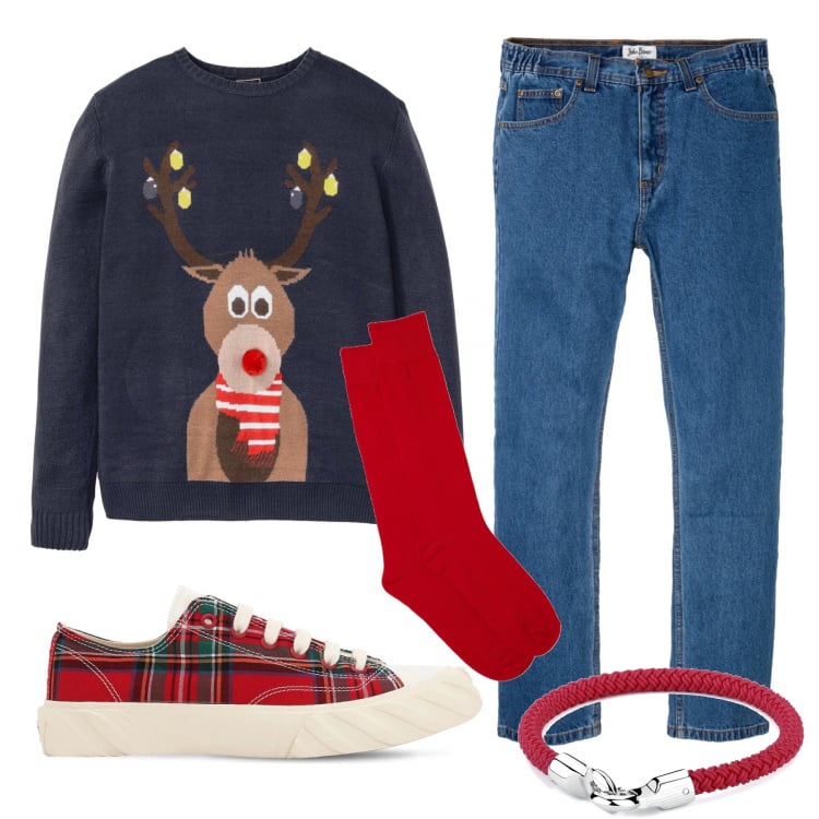 Outfit uomo - Natale scherzoso. Stile Casual per Tutti i giorni. Abbinamento con jeans dritti, maglieria, calzini, braccialetti, sneakers.