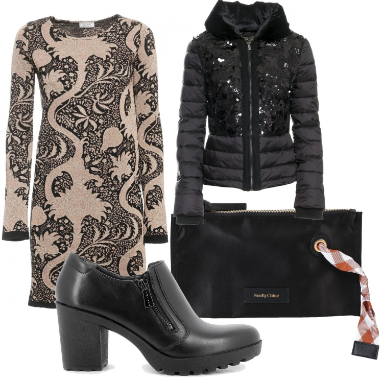 Outfit donna - Aspettando il Natale con Fracomina. Stile Bon Ton per Cerimonia. Abbinamento con pochette, vestiti, piumini, scarpe col tacco.