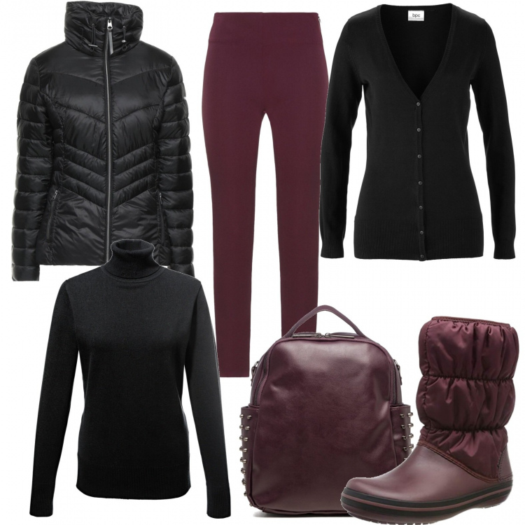 Outfit donna - Vacanza sulla neve. Stile Casual per Tutti i giorni. Abbinamento con maglieria, cardigans, pantaloni, piumini, zaini, stivali.