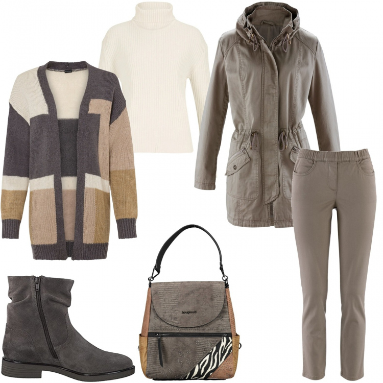 Outfit donna - Temperature da brivido. Stile Casual per Ufficio. Abbinamento con pantaloni, cardigans, parka, maglieria, zaini, stivaletti.