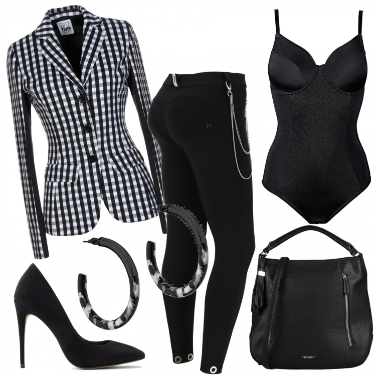 Outfit donna - Venditrice di grinta.. Stile Rock per Tutti i giorni. Abbinamento con body, blazer, borse a mano, pantaloni skinny, décolleté, orecchini.