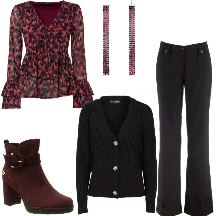 Outfit donna - Ospito io al pranzo di Natale. Stile Romantica per Tutti i giorni. Abbinamento con pantaloni, maglieria, cardigans, stivali, orecchini.