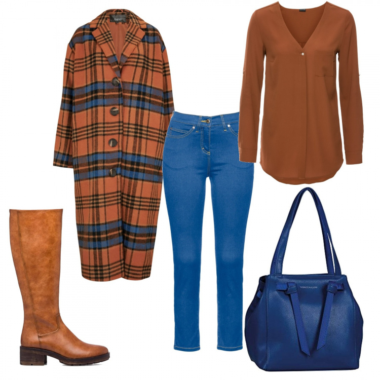 Outfit donna - Curvystyle marrone e blu. Stile Casual per Tutti i giorni. Abbinamento con camicie, jeans, cappotti, stivali, shopping bag.