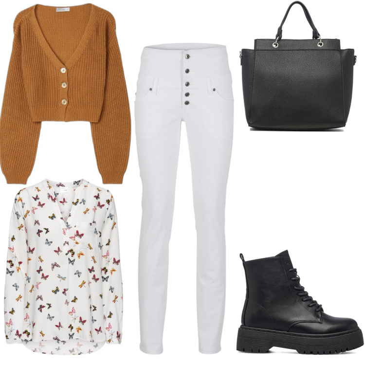 Outfit donna - Casual chic #11632. Stile Casual chic per Ufficio. look ideale per Petite. Abbinamento con bluse, pantaloni skinny, cardigans, anfibi, borse a mano.