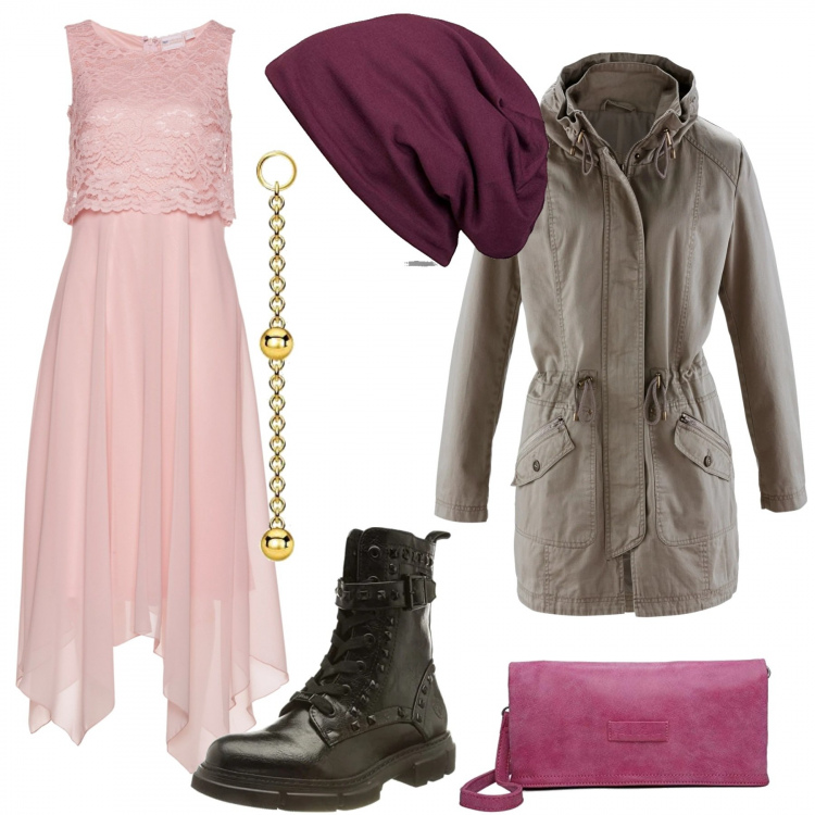 Outfit donna - Rock un po\' Trash. Stile Rock per Serata fuori. Abbinamento con vestiti midi/longuette, parka, stivali, berretti, clutch, orecchini.