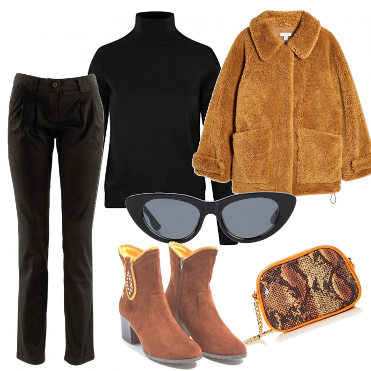 Outfit donna - Domenica in montagna. Stile Sporty chic per Sport. Abbinamento con pantaloni chino, cappotti, occhiali da sole, maglieria, stivaletti, borse a tracolla.