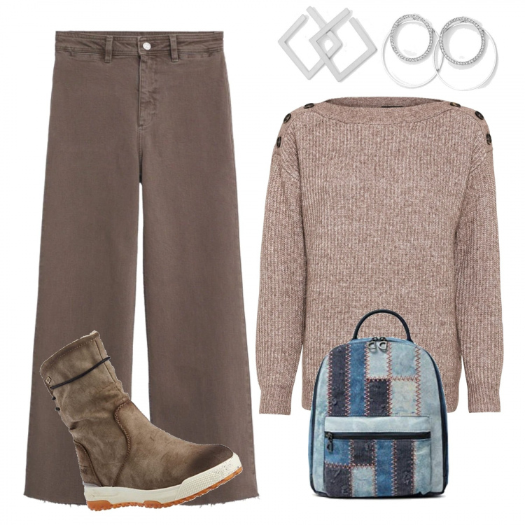 Outfit donna - Abbinare il marrone freddo. Stile Casual per Tutti i giorni. Abbinamento con maglieria, orecchini, jeans, stivali, zaini.