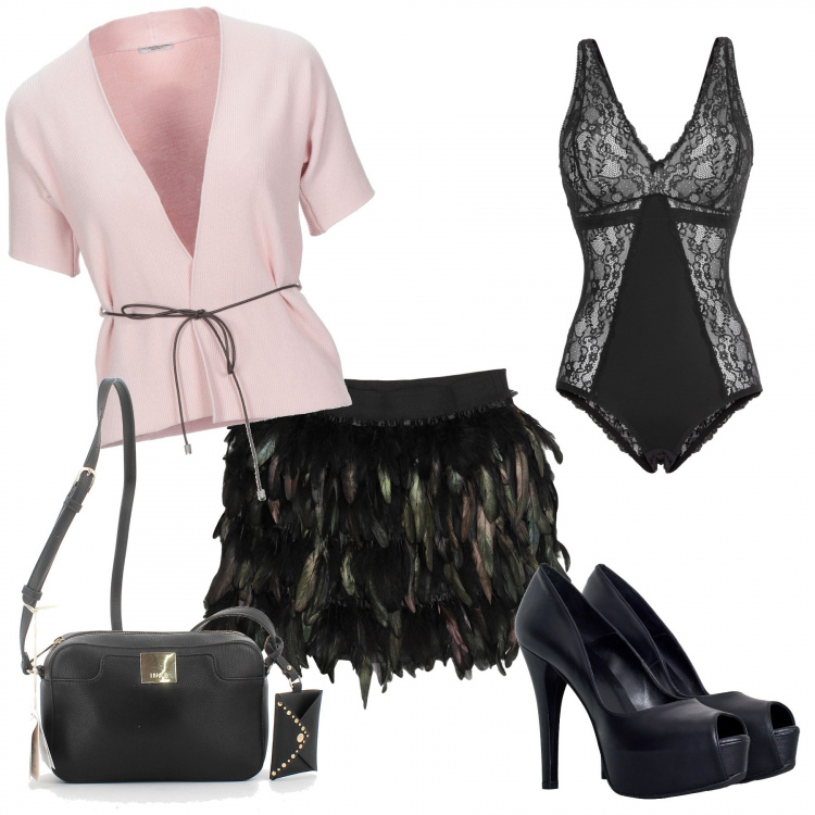 Outfit donna - Portami a ballare. Stile Glamour per Serata fuori. Abbinamento con body, minigonne, cardigans, décolleté, borse a tracolla.