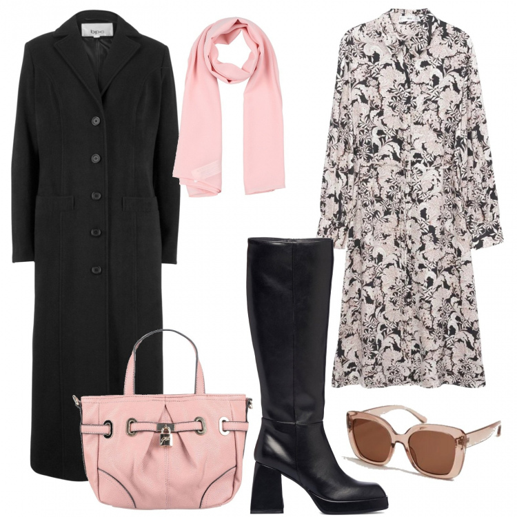 Outfit donna - Rosa e nero chemisier. Stile Vintage retrò per Ufficio. Abbinamento con cappotti, borse a mano, sciarpe, stivali, vestiti midi/longuette, occhiali da sole.