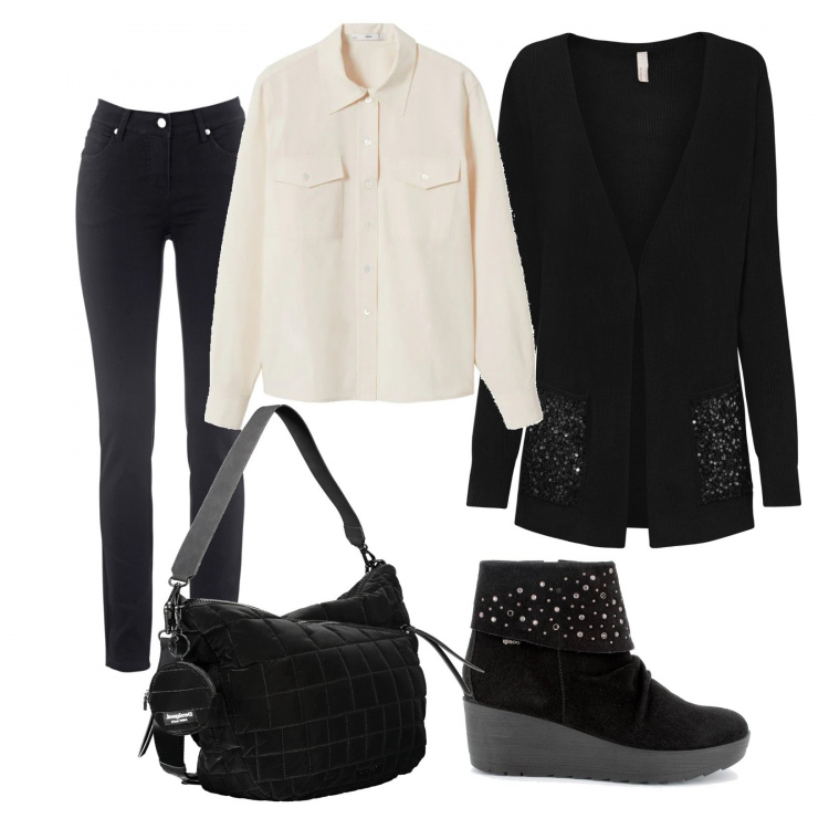 Outfit donna - Lavoriamo comodamente. Stile Casual chic per Ufficio. Abbinamento con jeans dritti, cardigans, stivaletti, borse a tracolla, camicie.