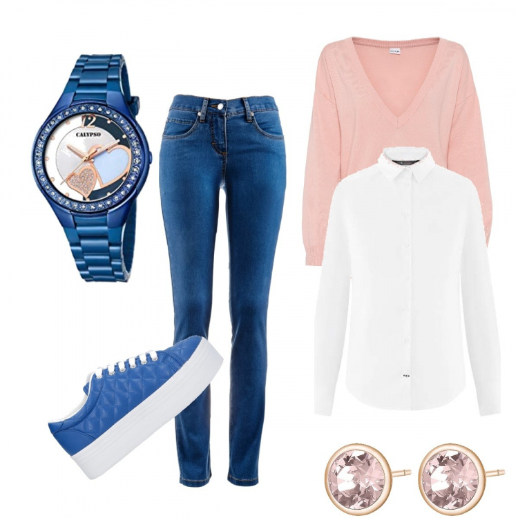 Outfit donna - Rosa e blu. Stile Casual per Tutti i giorni. Abbinamento con jeans dritti, maglieria, sneakers, orecchini, camicie, orologi analogici.
