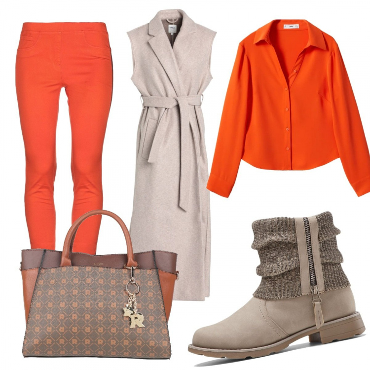 Outfit donna - Beige e arancio. Stile Trendy per Tutti i giorni. Abbinamento con stivaletti, pantaloni, cappotti, borse a mano, camicie.