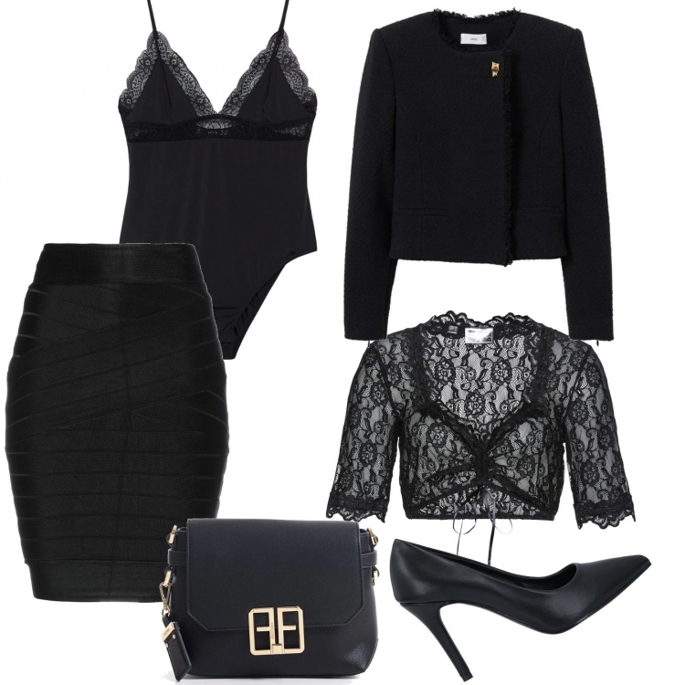 Outfit donna - Sexy al party di fine anno. Stile Sexy per Serata fuori. Abbinamento con minigonne, décolleté, camicie, borse a spalla, giacche, body.