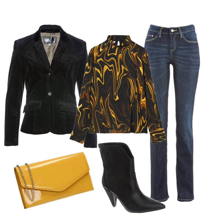 Outfit donna - Chic con poco. Stile Chic per Serata fuori. Abbinamento con jeans dritti, blazer, bluse, stivaletti, pochette.