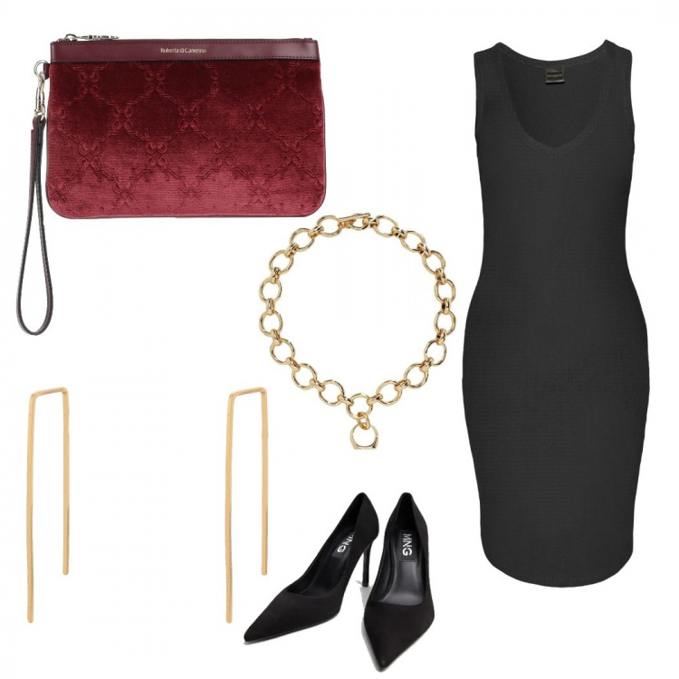 Outfit donna - Nero e rosso. Stile Minimal per Serata fuori. Abbinamento con vestiti, orecchini, borse a mano, ciondoli, scarpe col tacco.