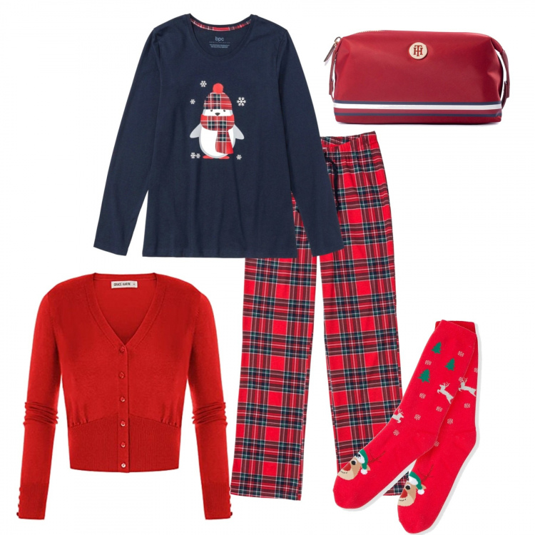 Outfit donna - Cozy and warm xmas night. Stile Romantica per Tutti i giorni. Abbinamento con pigiama, pochette, calzini, cardigans.