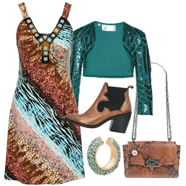 Outfit donna - Curvy and Proud, let\'s rock!. Stile Rock per Serata fuori. Abbinamento con vestiti, bolero, stivaletti, borse a spalla, orecchini.