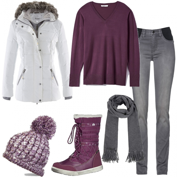 Outfit donna - Camminata nel bosco. Stile Basic per Tutti i giorni. Abbinamento con piumini, jeans, maglieria, stivali da neve, sciarpe, berretti.