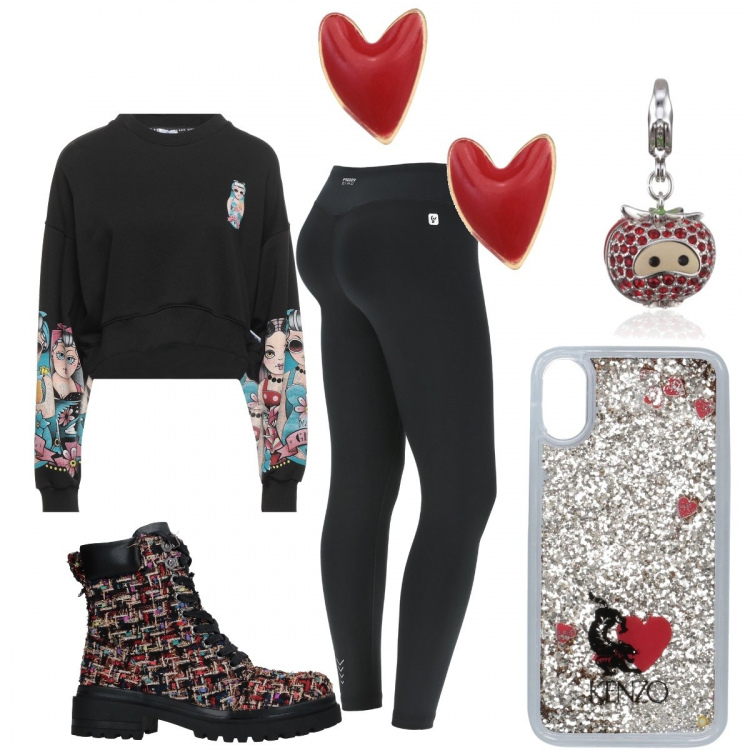 Outfit donna - Viva le amiche. Stile Urban per Serata fuori. Abbinamento con felpe, cover telefono, stivaletti, orecchini, leggings sportivo, ciondoli.