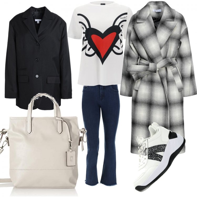 Outfit donna - Total look #1224381. Stile Casual chic per Serata fuori. Abbinamento con cappotti, blazer, sneakers, t-shirt, jeans, borse tote.