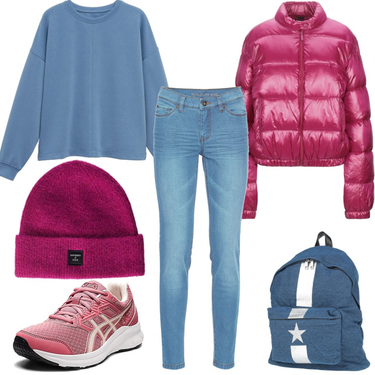 Outfit donna - Piumino fucsia. Stile Casual per Scuola/Università. Abbinamento con jeans skinny, piumini, zaini, sneakers, felpe con cappuccio, berretti.