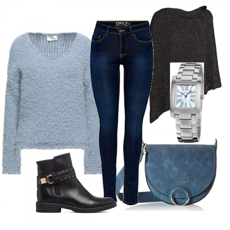 Outfit donna - Tocco di azzurro.. Stile Casual per Tutti i giorni. Abbinamento con pullovers, stivaletti, orologi, cappotti, jeans, jeans skinny.