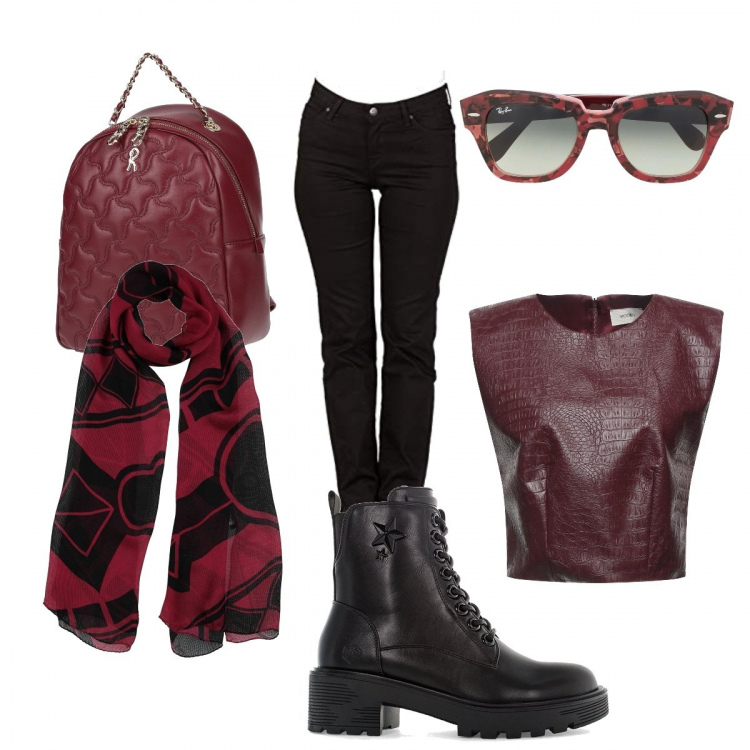 Outfit donna - Rock curvy. Stile Rock per Serata fuori. Abbinamento con top, sciarpe, zaini, occhiali da sole, anfibi, jeans dritti.