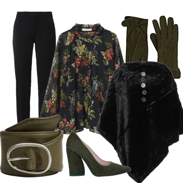 Outfit donna - Flower power. Stile Glamour per Serata fuori. Abbinamento con décolleté, cappe, pantaloni, cinture, bluse, guanti.