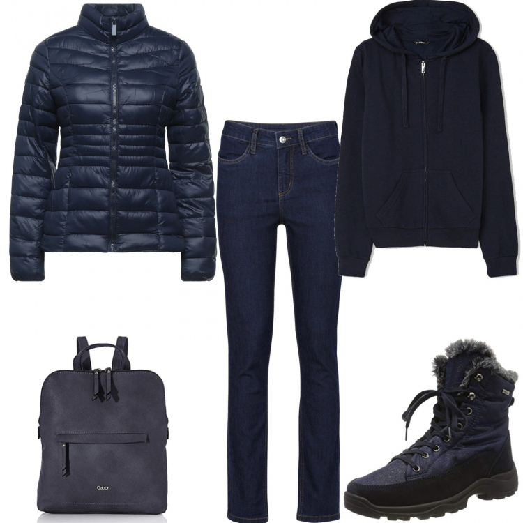 Outfit donna - Al mercatino di Natale. Stile Casual per Tutti i giorni. Abbinamento con jeans, piumini, felpe con cappuccio, stivali da neve, zaini.