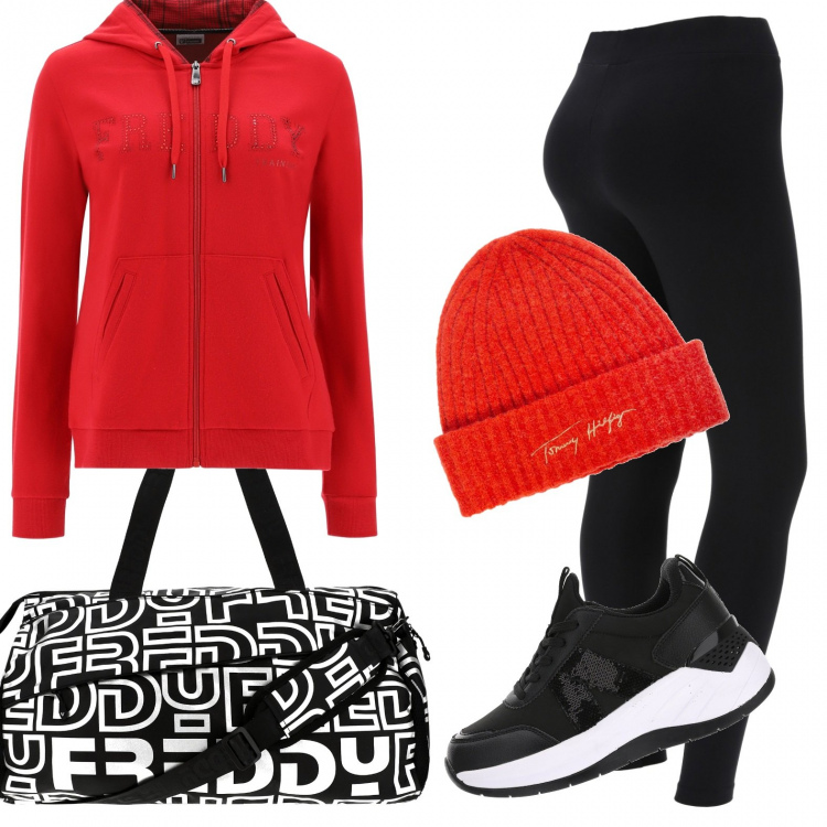 Outfit donna - Christmas sport. Stile Sporty chic per Tutti i giorni. Abbinamento con berretti, sneakers, felpe con cappuccio, leggings, borse a spalla.