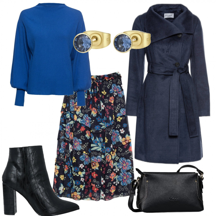 Outfit donna - Lunedì mattina in ufficio. Stile Romantica per Ufficio. Abbinamento con maglieria, cappotti, gonne longuette, stivaletti, orecchini, borse a cartella.