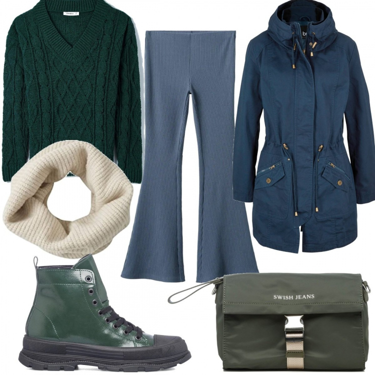 Outfit donna - Dicembre in verde. Stile 70s per Tutti i giorni. Abbinamento con parka, maglieria, borse a tracolla, anfibi, pantaloni, sciarpe.
