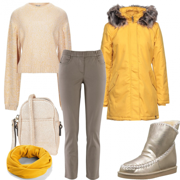 Outfit donna - Quando fa freddo. Stile Casual per Tutti i giorni. Abbinamento con pantaloni, foulard, cappotti, pullovers, borse a tracolla, stivali.
