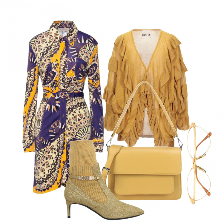 Outfit donna - X-mas 2021: ragazza d\'oro. Stile Glamour per Tutti i giorni. Abbinamento con stivaletti, vestiti corti, cardigans, borse a mano, occhiali da sole.