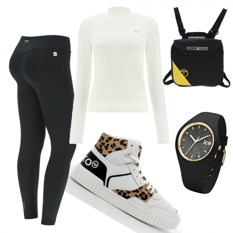 Outfit donna - Sempre comoda e trendy. Stile Basic per Tutti i giorni. Abbinamento con leggings sportivo, maglieria, sneakers, orologi, marsupi.