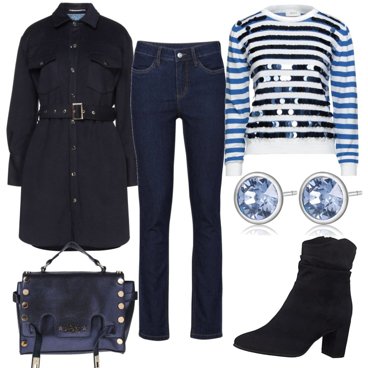 Outfit donna - Casual e luccicante. Stile Casual per Tutti i giorni. Abbinamento con jeans, pullovers, cappotti, borse a mano, orecchini, stivaletti.