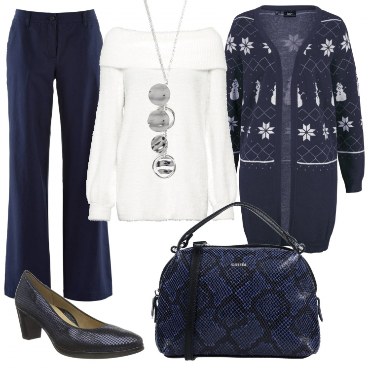 Outfit donna - Fiocchi di neve sul cardigan blu. Stile Casual chic per Tutti i giorni. Abbinamento con borse a mano, pantaloni, maglieria, cardigans, treggings, décolleté.