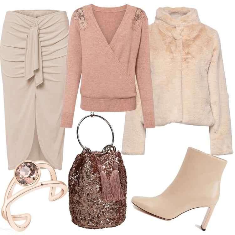 Outfit donna - La borsetta luccicante. Stile Chic per Serata fuori. Abbinamento con cappotti, maglieria, gonne, stivaletti, anelli, pochette.