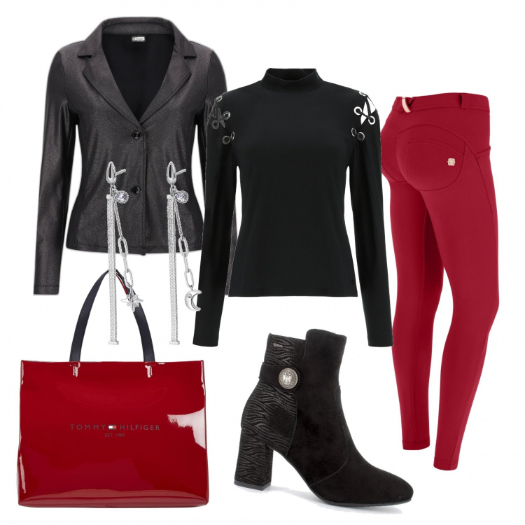 Outfit donna - Natale a casa dei miei.. Stile Sporty chic per Serata fuori. look ideale per Tall. Abbinamento con shopping bag, stivaletti, orecchini, pantaloni skinny, maglieria, giacche.