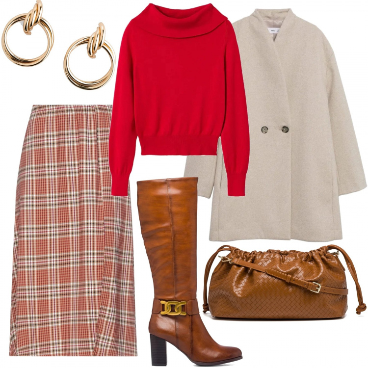 Outfit donna - Il pullover rosso. Stile Urban per Tutti i giorni. Abbinamento con orecchini, gonne longuette, stivali, clutch, pullovers, cappotti.