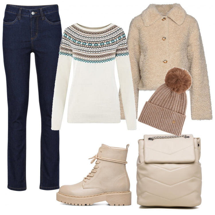 Outfit donna - Gita fuori porta. Stile Basic per Tutti i giorni. Abbinamento con jeans, cappotti, berretti, anfibi, zaini, maglieria.