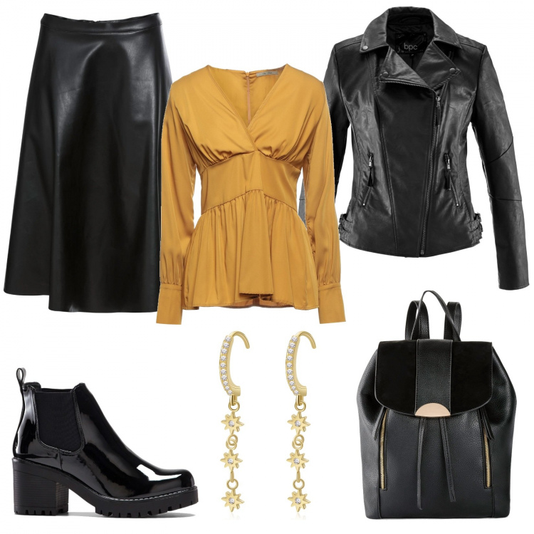 Outfit donna - Rockmantica. Stile Rock per Serata fuori. Abbinamento con stivaletti, blazer, gonne, zaini, bluse, orecchini.