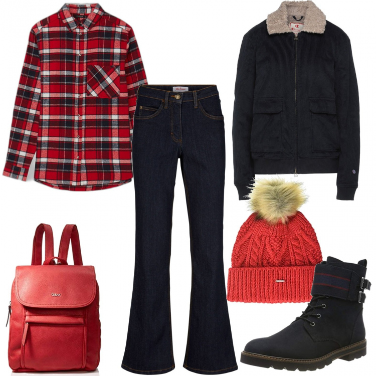 Outfit donna - La scuola superiore. Stile Basic per Scuola/Università. Abbinamento con jeans bootcut, giacche, camicie, zaini, berretti, stivaletti.