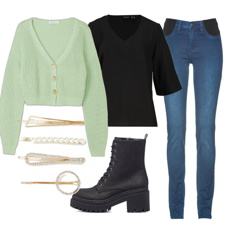 Outfit donna - Total look #1225914. Stile Casual per Ufficio. Abbinamento con jeans skinny, bluse, cardigans, accessori per capelli, anfibi.