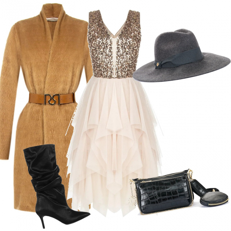 Outfit donna - Chic #26339. Stile Chic per Serata fuori. Abbinamento con vestiti senza maniche, cappotti, cappelli, pochette, stivali.