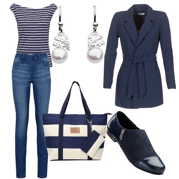 Outfit donna - Trendy #14776. Stile Trendy per Tutti i giorni. Abbinamento con jeggings, scarpe stringate con zip blu, trench blu, vestaglia rosa, portamonete a righe blu, orecchini pendenti con perle lenti a specchio in argento 925 bianco.