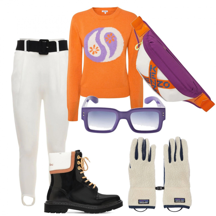 Outfit donna - Glam Christmas sulla neve. Stile Sporty chic per Tutti i giorni. Abbinamento con guanti, pantaloni, maglieria, marsupi, stivali, occhiali da sole.
