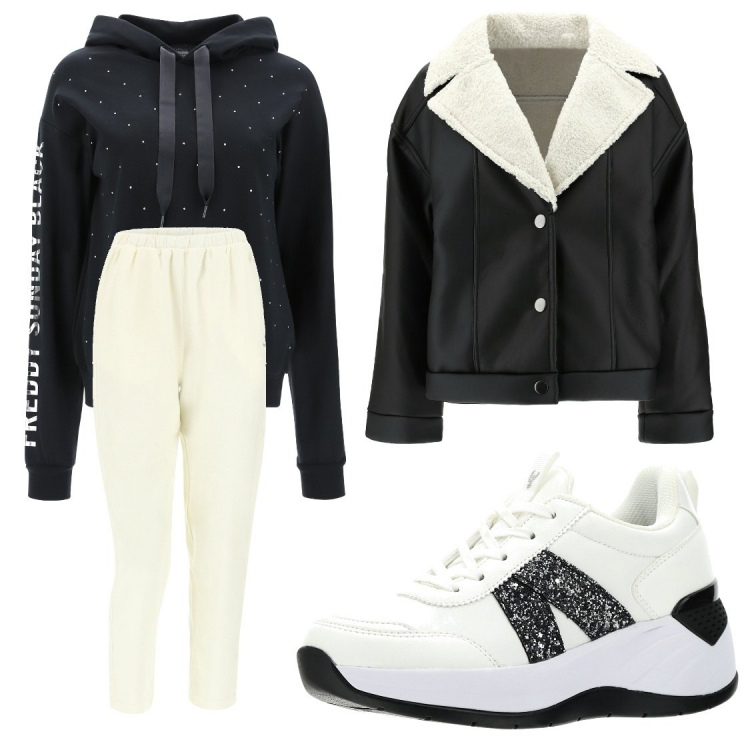 Outfit donna - Un natale sporty-chic con freddy. Stile Sporty chic per Tutti i giorni. Abbinamento con felpe con cappuccio, sneakers, pantaloni, giacche.
