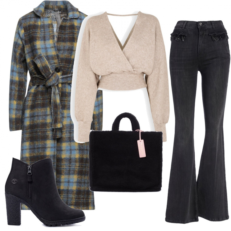 Outfit donna - Total look #1226515. Stile Casual chic per Tutti i giorni. Abbinamento con cappotti, jeans bootcut, shopping bag, stivaletti, maglieria.